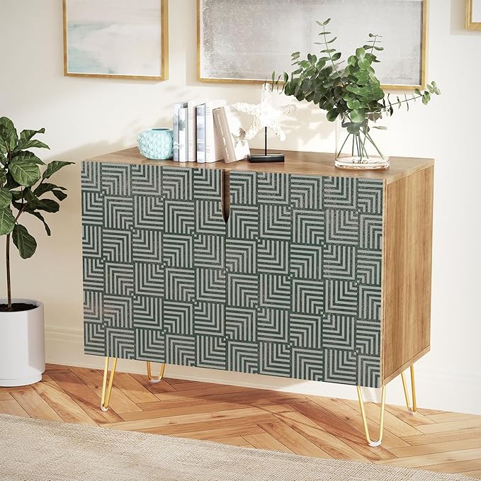 SIGNWIN Sideboard Buffet Cabinet, Kitchen Storage Cabinet with 2 Doors, Black Gray Geometric Square Pattern, Cupboard Console Table for Dining Room - 35" L x 18" W x 29" H