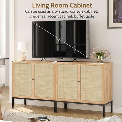 Yechen Set of 3 94.5" Sideboard Cabinet with Natural Rattan Decorated Square Doors, Rattan Cabinet, Accent Buffet Console Storage Credenza, for Living Room Entryway Kitchen, Natural, Metal Legs