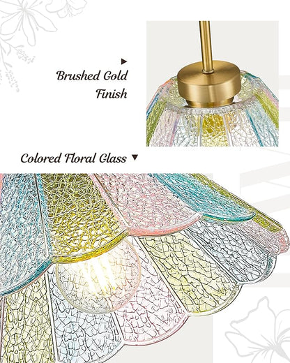 Gold Pendant Light, HWH 10.4-inch Hanging Light Fixture for Living Room, Dining Room, Bedroom, Pendant Lights Kitchen Island with Colored Floral Glass, Gold Finish, 5HJX110MIL BG-C