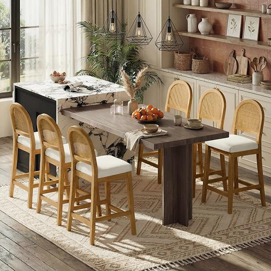 Rattan Counter Height Bar Stools Set of 6, Upholstered Farmhouse Barstools with Natural Rattan Back, Wooden Legs for Kitchen Island, Walnut/Linen,2 Box