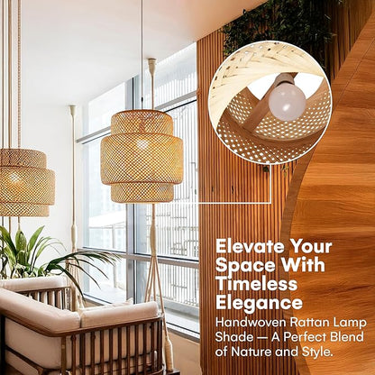 Hand Woven Rattan Lamp Shade - Bamboo Pendant Lights - Elegant Hanging Light Chandelier - Natural Boho Lighting Fixture - Dome Lamp Shade for Kitchen Island, Dining and Living Room - 14.96x15.71''