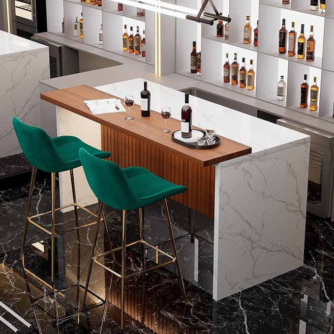 Modern Bar Table and Bar Stools Set, Marble-Look Counter Table with Wood Accent Top & Green Velvet Bar Chairs Set of 2 with Gold Legs, Kitchen Island Pub Table Set for Home Bar, Dining Room