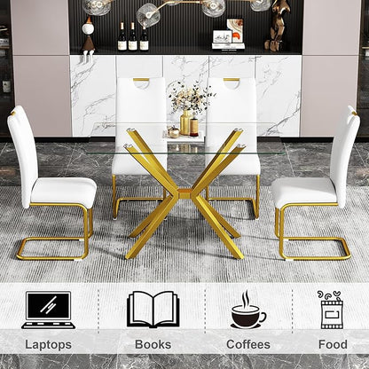 Rectangular Glass Dining Table,Glass Dining Room Table with Metal Legs, Modern Style Glass Kitchen Table for Home, Kitchen, Dining Room