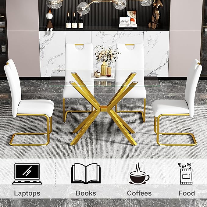 47in Rectangular Glass Dining Table for 4, Save Space Glass Dining Room Table with Gold Metal Legs, Clear Glass Top Kitchen Dining Table Set for 4