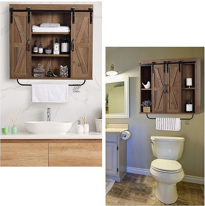RUSTOWN Rustic Wood Wall Storage Cabinet with Two Sliding Barn Door, 3-Tier Decorative Farmhouse Vintage Cabinet for Kitchen Dining, Bathroom, Living Room, Rustic Oak