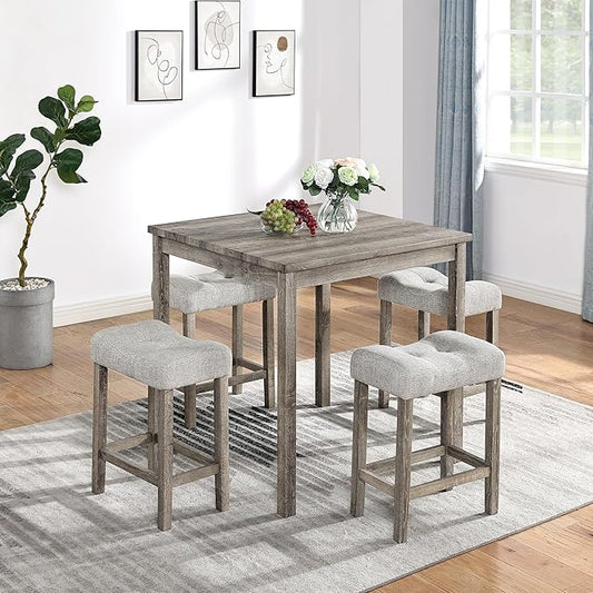 Ball & Cast 5 Piece Wooden Dining Table and Chairs Set for 4, 24" H Tufted Counter Stools with 35" Square Bar-Table, Industrial Breakfast Table with 4 Padded-Stool for Kitchen Island Playroom, Brown