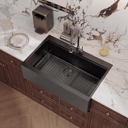Rhbamoa Black Farmhouse Sink 30 inch,16 Gauge T304 Black Single Bowl Apron Front Kitchen Farm Sink,10 Inch Depth Topmount Farmhouse Kitchen Sinks with All Accessories