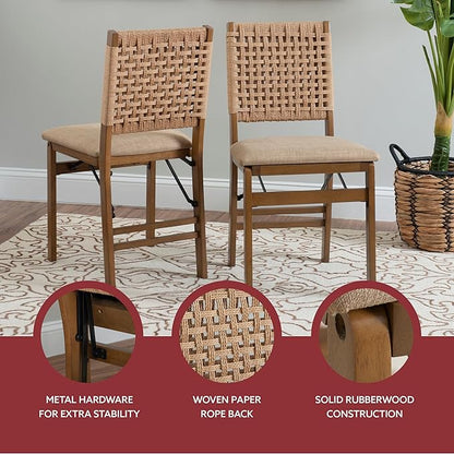 Linon Bennett Natural Folding Chair with Woven Rope Back and Linen Upholstered Seat Set of 2