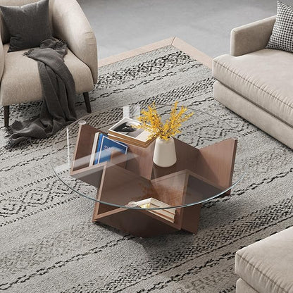 Harper & Bright Designs The Round Coffee Table with Glass Top and Geometric Abstract Art Deco Base Storage Shelves, Walnut, 35.4"