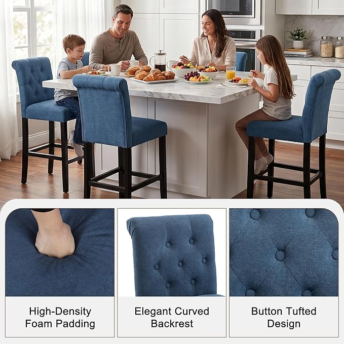 LSSBOUGHT 24 Inches Upholstered Counter Stools, Bar Stools Set of 2, Fabric Counter Stools with Back, Counter Height Bar Chairs with Solid Wood Legs for Home Kitchen Island Dining Room, (2pcs,Blue)