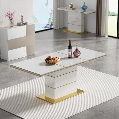 70" White Dining Table for 4 6, Modern Glossy Kitchen Table with 1.5" Thick Lacquered Tabletop and Gold Stainless Steel Trim, Luxury Rectangular Dinner Tables for Dining Room