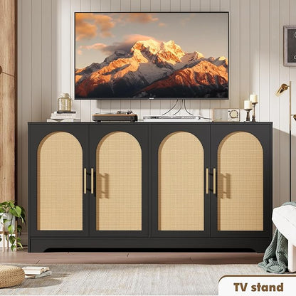 GarveeHome 59” Sideboard Buffet Cabinet - Large Credenza Storage with 4 Rattan Doors, Modern Console Table Accent Coffee Bar Cabinet for Living Room, Kitchen, Hallway, Dining Room, Entryway, Black