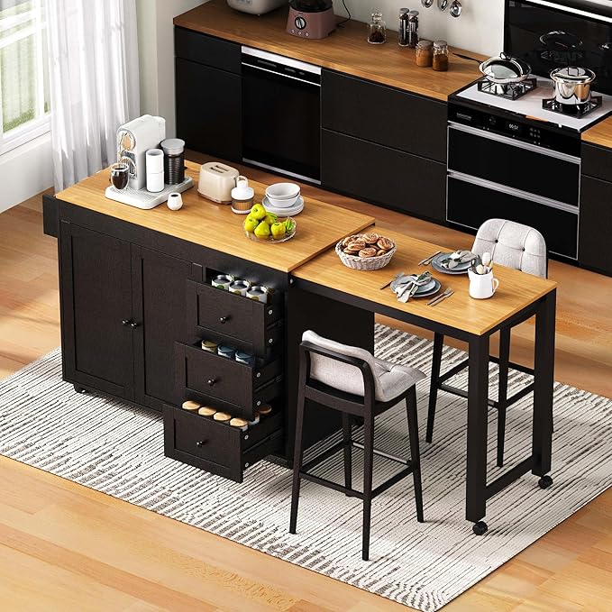 74.8" Kitchen Island with Extendable Table & Power Outlet, Mobile Cart with 3 Drawers, Spice Rack, 2-Door Cabinet on Wheels for Kitchen (74.8"+Black)