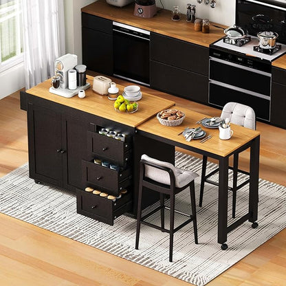 74.8" Kitchen Island with Extendable Table & Power Outlet, Mobile Cart with 3 Drawers, Spice Rack, 2-Door Cabinet on Wheels for Kitchen (74.8"+Black)