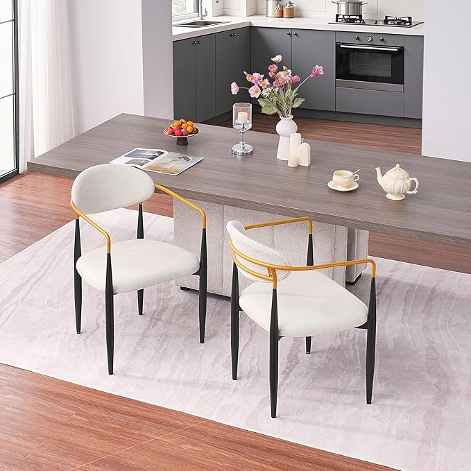 Modern Upholstered Accent Chair Set of 2 with Ergonomic Backrest,Gold Accented Armrests,Linen Fabric Seat,Black Metal Frame,Contemporary Seating for Dining Room,Kitchen Island (Beige,Dining Chair)