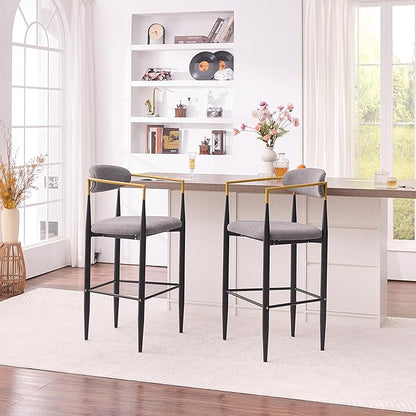 Modern Upholstered Accent Chair Set of 2 with Gold Accented Armrests, Ergonomic Barrel Back, Padded Fabric Seat, Metal Frame for Dining Room, Kitchen Island, Counter, Office (Grey,Bar Stool)