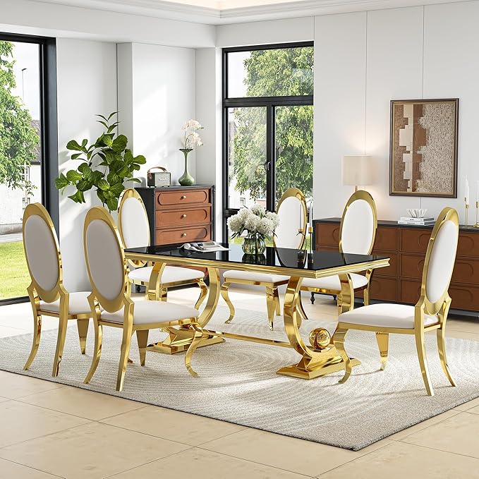 7-Piece Modern Luxury Dining Table Set, 70" Black Tempered Glass Kitchen Table with Gold Polished Stainless Steel U-Shaped Pedestal Base and 6 White Oval High-Back PU Leather Chairs for Dining Room