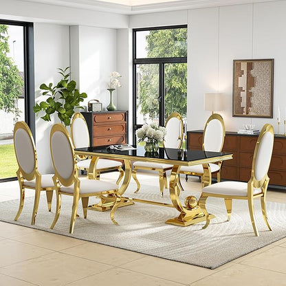 7-Piece Modern Luxury Dining Table Set, 70" Black Tempered Glass Kitchen Table with Gold Polished Stainless Steel U-Shaped Pedestal Base and 6 White Oval High-Back PU Leather Chairs for Dining Room