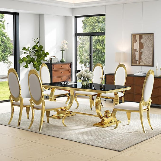 7-Piece Modern Luxury Dining Table Set, 70" Black Tempered Glass Kitchen Table with Gold Polished Stainless Steel U-Shaped Pedestal Base and 6 White Oval High-Back PU Leather Chairs for Dining Room