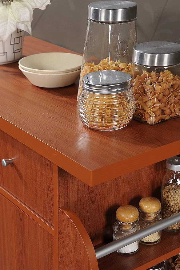 Hodedah Import Kitchen Island with Spice Rack and Towel Rack, Cherry