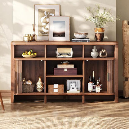 IRONCK 55" Sideboard Buffet Cabinet with Storage, Fluted Credenza with Sliding Door & Open Shelf, Mid Century Modern Accent Coffee Bar Console Table for Kitchen, Living Room, Entryway, Walnut