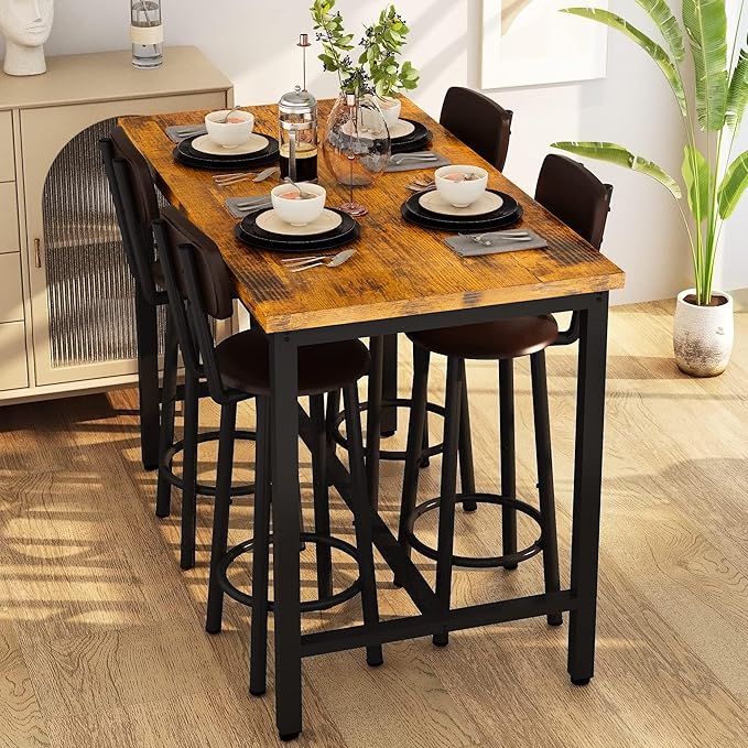 Lamerge Bar Table Set for 4 Kitchen Table and Chairs Set, Industrial Dinner Table with 4 PU Upholstered Stools Kitchen Pub Table for Kitchen, Space Saving, Restaurant (Rustic Brown and Black)