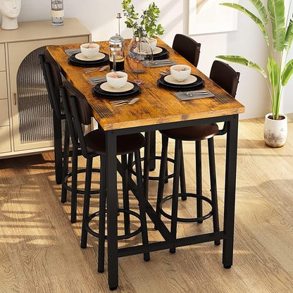 Lamerge Bar Table Set for 4 Kitchen Table and Chairs Set, Industrial Dinner Table with 4 PU Upholstered Stools Kitchen Pub Table for Kitchen, Space Saving, Restaurant (Rustic Brown and Black)