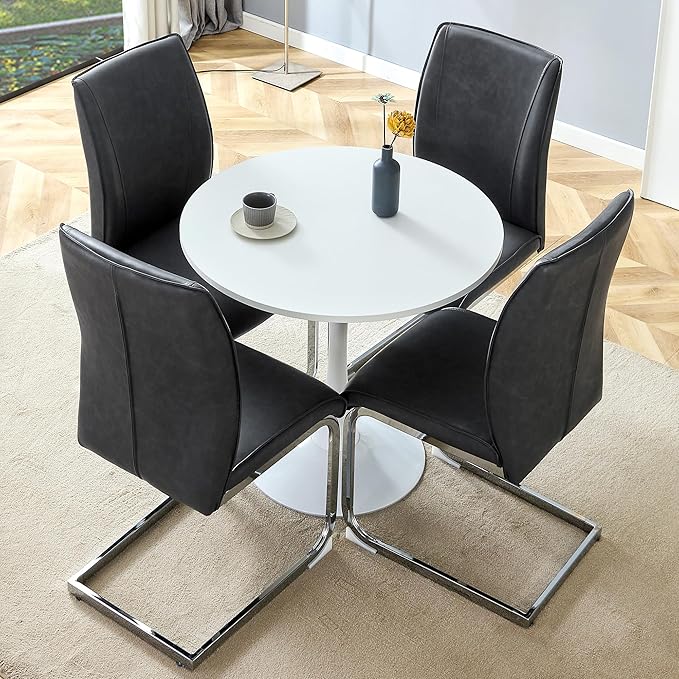 Small Round Dining Table Set with 4 Chairs, 31.9x31.9 Inch White MDF Top and Hourglass-Shaped Legs, Dark Gray PU Seats with Arched Metal Silver Legs for Kitchen and Dining Room