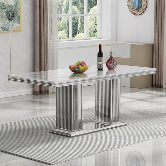Henf Modern Dining Table for 6-8, 68 Inch White Marble Kitchen Table with Silver Stainless Steel Double Pillar Base, Luxurious Rectangular Faux Marble Dining Room Table for Dining Room,Living Room