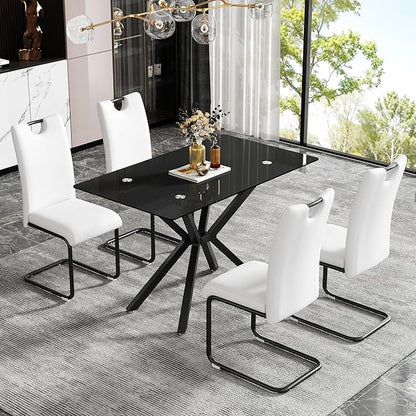 47" Rectangle Dining Table for 2 3 4 People, Modern Dining Table with Black Chrome Metal X-Shaped Legs, Black Glass Kitchen Table Family Dinner Table for Home Office Living Room