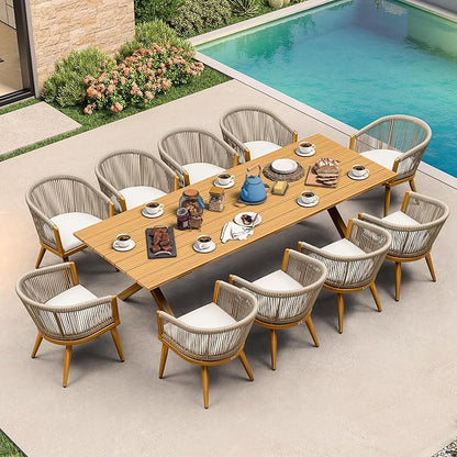 PURPLE LEAF Outdoor Dining Set with Waterproof Furniture Cover 11-Piece All-Weather Patio Set for 10 with Woodgrain Aluminum Table Rope Weave Chairs and Cushions, Teak