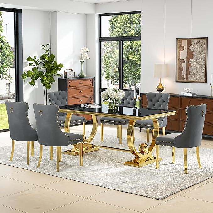 7-Piece Modern Luxury Dining Table Set, 70" Black Tempered Glass Dining Table with Gold Polished Stainless Steel U-Shaped Pedestal Base, 6 Gray Velvet Upholstered Chairs, for Dining Room, Office