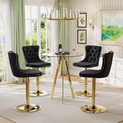31.5'' Glass Pub Table and Retro Bar Stools Set, Island Bar Table with 4 Velvet Metal Bar Stools (Gold Metal Legs, Clear Top + Black Chair)