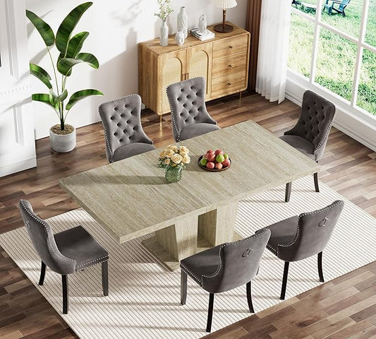Goujxcy 7-Piece Extendable Dining Table Set for 6, 63-78 Inch Faux Travetine Kitchen Table Set with 6 Grey Upholstered Chairs Modern Wood Expandable Dining Room Table Set for Kitchen Apartment