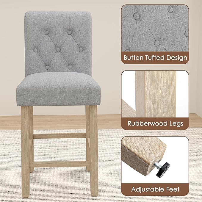LSSBOUGHT 24" Bar Stools Set of 2 for Kitchen Island Upholstered Counter Height Bar Stools with Button Tufted Decoration Barstools Home Kitchen Island Wooden Bar Chairs, Beige