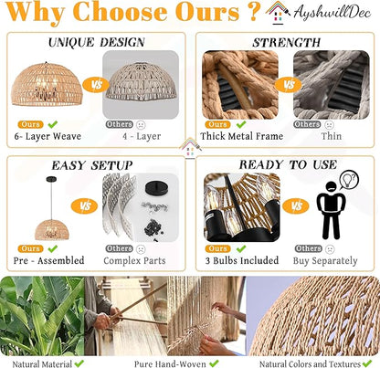 17.6 inch Hemp Rope Woven Pendant Light Wicker Pendant Light 3-light Rattan Light Fixture Boho Chandelier Farmhouse Chandelier Dome Pendants Light for Dining Room Bedroom Kitchen(Bulb Incl