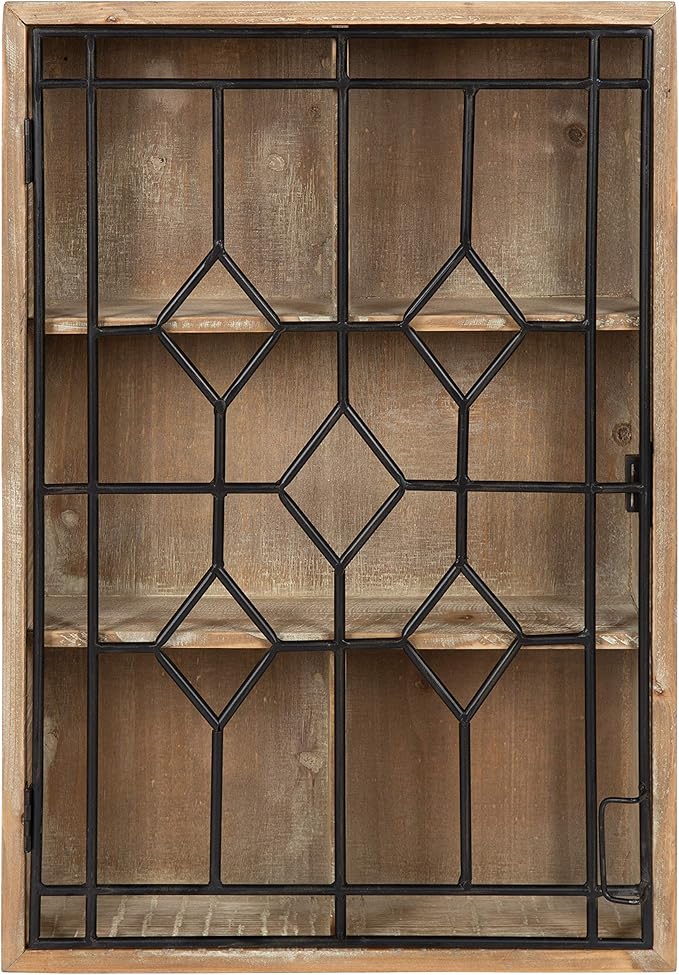 Kate and Laurel Megara Decorative Wooden Wall Hanging Curio Cabinet for Open Storage with Decorative Black Iron Door, Rustic Brown