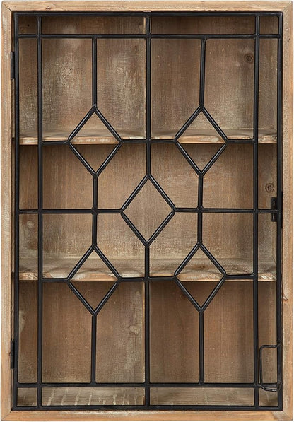 Kate and Laurel Megara Decorative Wooden Wall Hanging Curio Cabinet for Open Storage with Decorative Black Iron Door, Rustic Brown