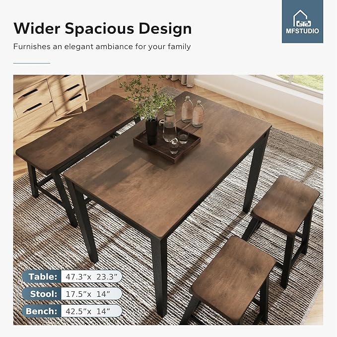 MFSTUDIO Dining Table Set for 4, Counter Height Table and Chairs, Kitchen Table Set with Bench, Breakfast Bar Table and Chairs Set Space Saving, Walnut & Black