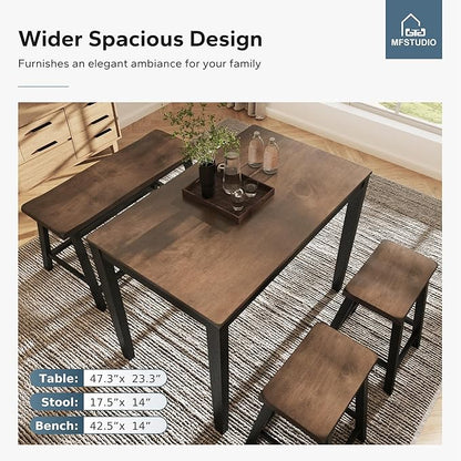 MFSTUDIO Dining Table Set for 4, Counter Height Table and Chairs, Kitchen Table Set with Bench, Breakfast Bar Table and Chairs Set Space Saving, Walnut & Black