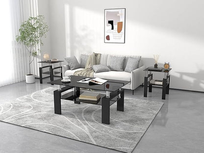 IANIYA 3 Piece Living Room Table Set, Modern Tempered Glass Coffee Table Set, Glass Coffee Table Black Metal Frame End Table for Living Room Apartment Small Space