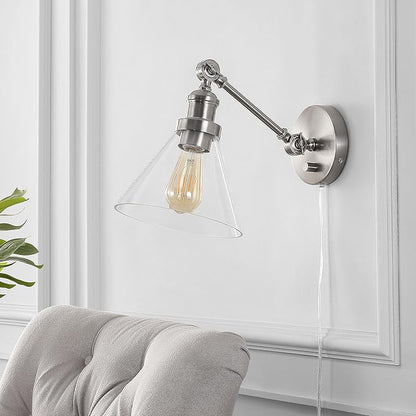 JONATHAN Y 8" Nickel Adjustable LED Wall Sconce, Plug-in Wall Lamp with Dimmer Switch, Clear Glass Shade for Bedroom Living Room Kitchen, LED Bulb Included (JYL7575B)