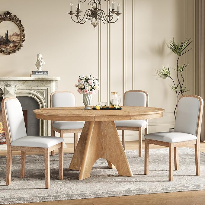 Merax Vintage Extendable Dining Table Set for 4-6 People, Rustic Farmhouse Kitchen Table with 4 Upholstered Chairs, 42 to 58 Inch Drop-Leaf Table with Distressed Finish, Natural Wood Wash