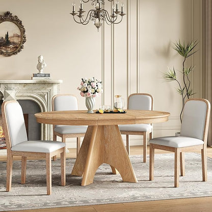 Merax Vintage Extendable Dining Table Set for 4-6 People, Rustic Farmhouse Kitchen Table with 4 Upholstered Chairs, 42 to 58 Inch Drop-Leaf Table with Distressed Finish, Natural Wood Wash