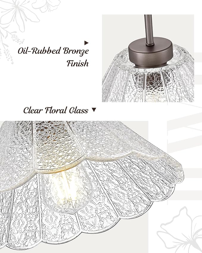 Pendant Lights Kitchen Island, HWH Kitchen Island Lighting for Bathroom, Dining Room, 1-Light Hanging Lights Fixtures with Clear Floral Glass, Oil-Rubbed Bronze Finish, 5HJX110MIL ORB