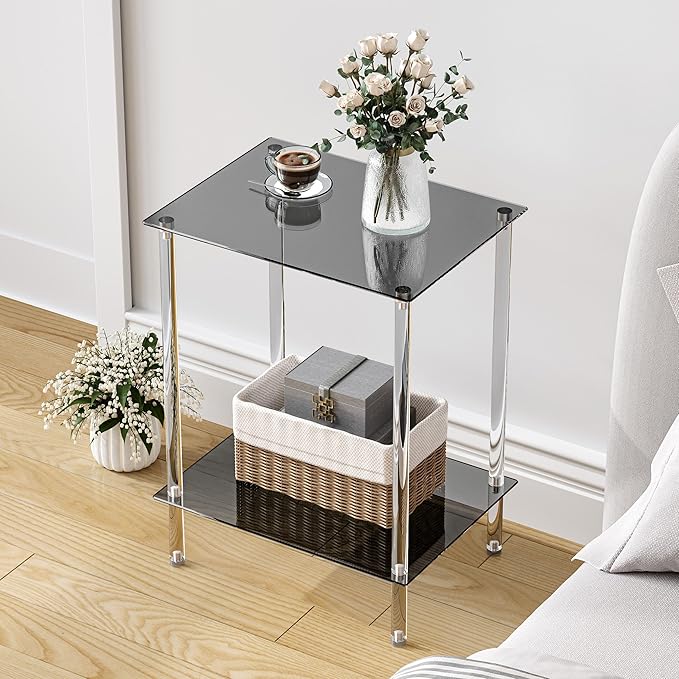 Tempered Glass Side Table, Acrylic End Table, 2-Tier Transparent Nightstand, Clear Coffee Table, for Small Spaces Living Room Bedroom Balcony Black LET518BK