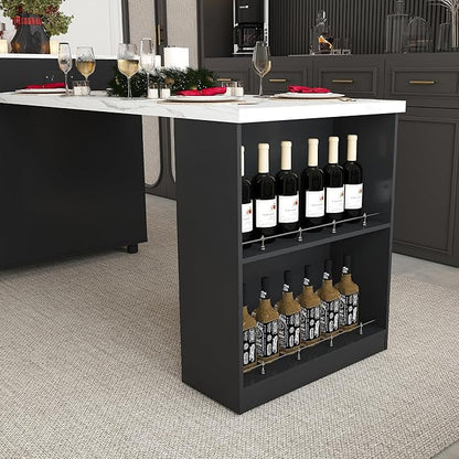 80.7-Inch Expandable Kitchen Island with Dining Table, Black MDF Kitchen Prep Table with Solid Wood Grain Countertop, Mobile Storage Cart (Cabinet + 2 Drawers) & Power Outle