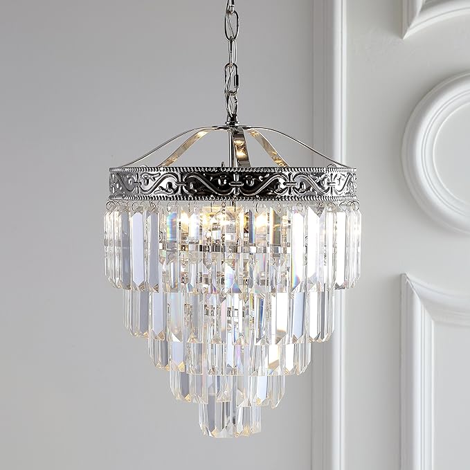 JONATHAN Y 12" Polished Nickel/Clear 2-Light LED Chandelier, Modern Tiered Pendant Light Fixture for Dining Room, Bedroom, Entryway with Clear Faceted Crystal Shade JYL9006A