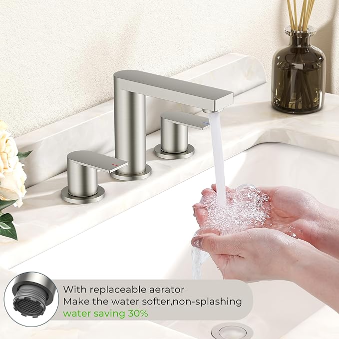 FORIOUS Brushed Nickel Bathroom Faucets 3 Hole, 8 Inch Widespread Bathroom Sink Faucet with Pop-up Drain and Cupc Supply Lines, 2-Handle for Vanity, Hotel Restroom