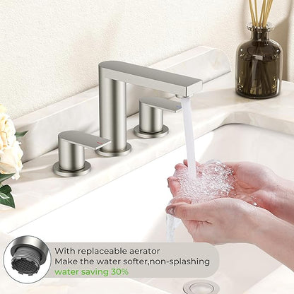 FORIOUS Brushed Nickel Bathroom Faucets 3 Hole, 8 Inch Widespread Bathroom Sink Faucet with Pop-up Drain and Cupc Supply Lines, 2-Handle for Vanity, Hotel Restroom